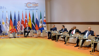 Cumbre de Líderes del G20. En la fotografía, entre otros, Donald Trump, entonces presidente de Estados Unidos, y Vladimir Putin, su par ruso. Hamburgo, Alemania, julio de 2017