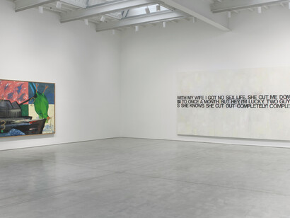 Installation view, Left: Martin Kippenberger, Untitled (Krieg / Böse), 1991, oil and metallic spray paint on canvas, 78.54 x 94.41 inches, 199.5 x 239.8 cm. Right: Richard Prince, I’m Lucky, 2001-02, acrylic on canvas, 112 x 200 inches, 284.5 x 508 cm, signed with date and title (on the reverse)