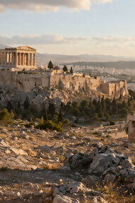 A contemplative figure overlooking an ancient city, symbolizing the origins of freedom shaped by faith and reason