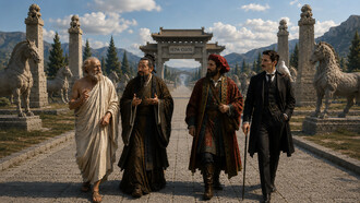 Four great minds from different civilizations walk the same sacred path, symbolizing the timeless dialogue between philosophy, science, culture, and human understanding