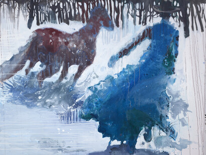Eugenie Vronskaya, Escape, Snow (Blue Coat Top Hat), oil on canvas, 49¼ x 61 inches, 125 x 155 cms