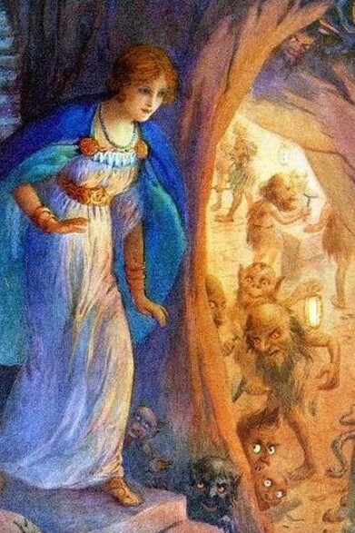 "Freya and the Dwarves" (1920) por Harry George Theaker. Freya é representada diante dos anões responsáveis pela criação de seu célebre colar, o Brísingamen. A cena evoca a relação da deusa com a magia, a beleza e o poder de transformação, elementos que fazem de seu desejo uma força inseparável de sua autonomia