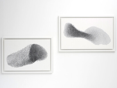 Kirstie Macleod, Murmur I & II, 2015, Embroidery with matt black thread on cotton, Murmur I image: 98 x 63cm, framed: 81 x155 cm. Murmur II image: 92 x 55cm, framed: 100 x 163 cm