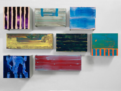 Pedro Calapez, meadow 02, 2014, Acrylic on aluminum, 52 3⁄4 x 84 1⁄4 x 14 1⁄2 inches (134 x 214 x 37 cm), Set of 8 panels