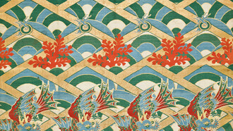 Nishiki. Rows of winged dragons, coral branches, and flaming jewels, set on a ground of stylized waves and a gold cypress-fence lattice. Silk, lampas, twill ground; flat gold thread. End of Edo period, inscription dated 1843. CB-TJ-1927-40 © Copyright Baur Foundation, Geneva (Switzerland)


