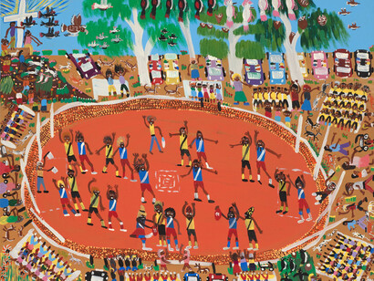 Kumanjayi Napangardi, Wheeler Areyonga tigers play hermannsburg bulldogs, community footy, 2023. Courtesy of Art Gallery of NSW