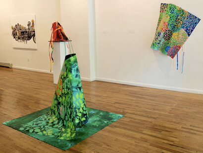 Exploring Conceptual Possibilities, 2023, installation view: Danielle Scott, far left, “ Girls Trip / Adjoa Burrowes, floor sculpture, “Garden Cloak”, on Pedestal, “ Say It Loud, sculpture on wall, “Oshogbo Glimpse”. Photo by Christian Carone. Courtesy of Wilmer Jennings Gallery at Kenkeleba