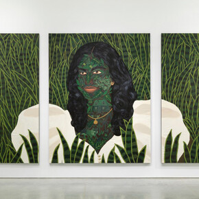 Kelly Sinnapah Mary, Notebook of No Return: Memories, 2022, Acrylic on canvas, Triptych: 99 x 77.5 in each. Courtesy of Aicon Gallery