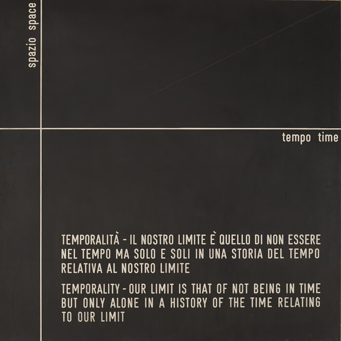 Vincenzo Agnetti,
Assioma. Spazio perduto - spazio costruito, 
1972,
bachelite incisa,
cm 80 x 80 cm,
Museo del Novecento - Donazione Bertolini
