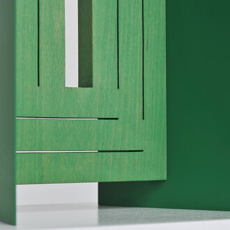 Matt Paweski, Window (Thin), 2014, Euro-beech hardwood, steel, copper rivets, enamel, wax, 96.5 x 22.8 x 17.7 cm / 38 x 9 x 7 in, Plinth: 91.4 x 38.1 x 27.9 cm / 36 x 18 x 10 in. Photo Credit: Ruben Diaz