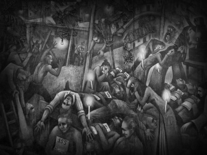 Mural denominado 'La tragedia del humo', ante el lamentable incendio que cobró la vida de 375 mineros en Sewell, Chile