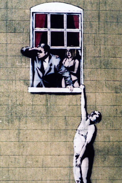 Naked Man image by Banksy, on the wall of a sexual health clinic[61] in Park Street, Bristol. Following popular support, the City Council decided it will be allowed to remain, UK