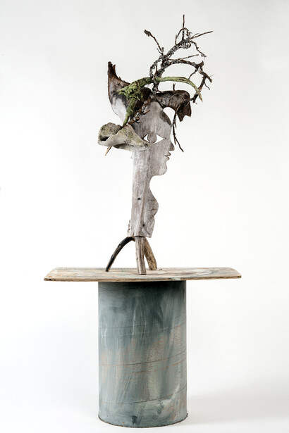 Lonnie Holley, “Root Mama” 2014, Mixed Media, 56.5”h x 26.5”w x 16.5”d