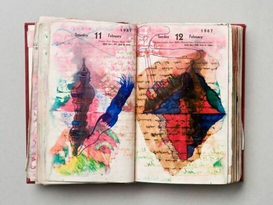 Dieter Roth, Diary, 1967 Hardcover leatherbound diary with drawings, coloured sketches, collages © Dieter Roth Estate. Courtesy Hauser & Wirth Photograph: Michael Pfisterer, Hamburg