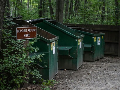 Dumpsters in a garden
