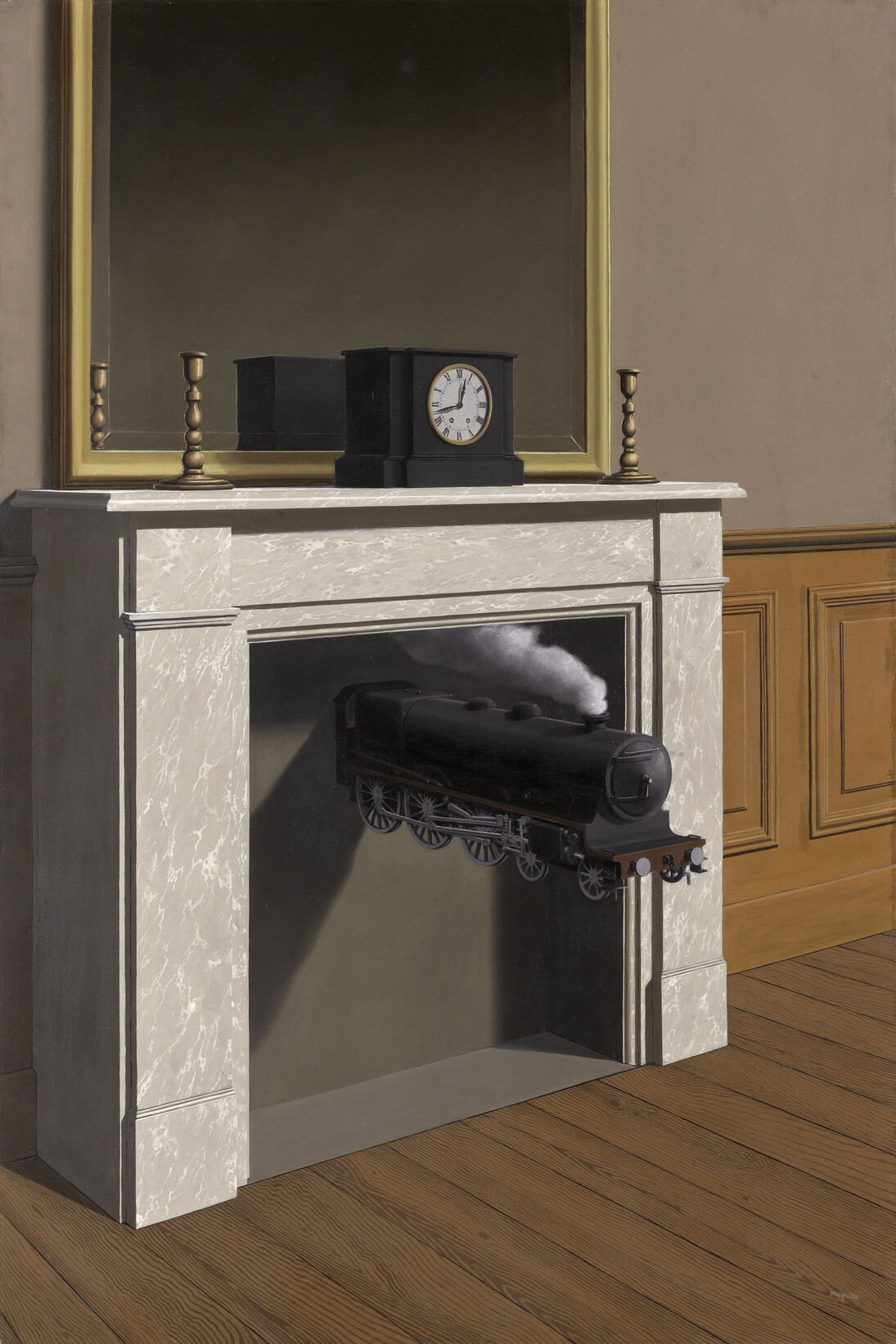 René Magritte (Belgian, 1898–1967). Time Transfixed (La Durée poignardée), 1938. Oil on canvas; 147 × 99 cm (57 7/8 × 39 in.). The Art Institute of Chicago, Joseph Winterbotham Collection, 1970.426. © Charly Herscovici – ADAGP – ARS, 2014
