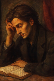 A solitary poet sits lost in thought, his face lit by a soft, amber glow — a quiet reflection of Milan Kundera’s vision of the novel as a search for understanding rather than virtue