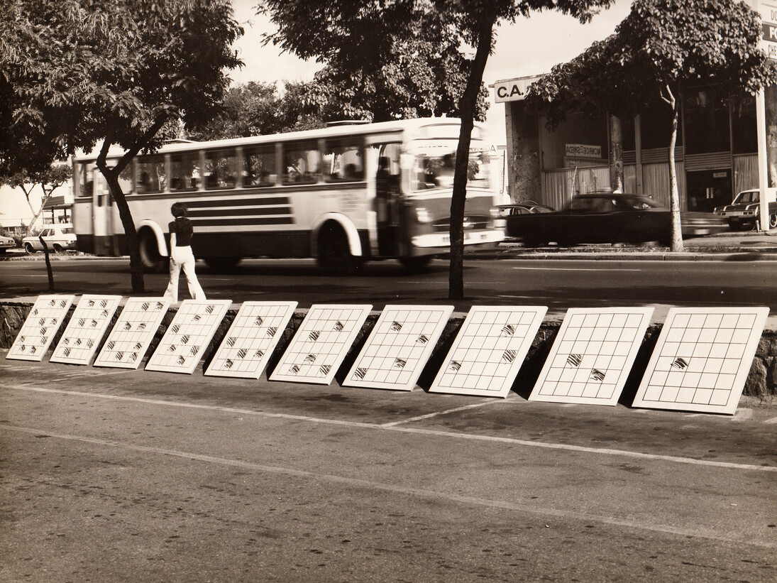 Eugenio Espinoza, Untitled, 1971, Installation view Sala Mendoza, Caracas, 1971, Ten screenprints on wooden boards, 39-3/4 x 29-1/2 inches each, Image courtesy the artist