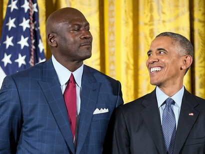 Michael Jordan receives the Presidential Medal of Freedom from President Barack Obama at the White House on November 22, 2016