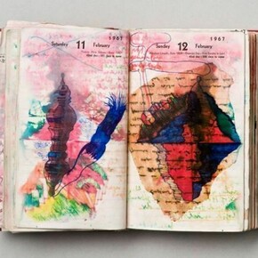 Dieter Roth, Diary, 1967 Hardcover leatherbound diary with drawings, coloured sketches, collages © Dieter Roth Estate. Courtesy Hauser & Wirth Photograph: Michael Pfisterer, Hamburg