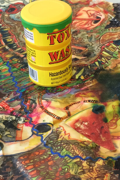 Sam Keogh, as yet untitled (puke), 2014 (detail); latex, plaster, rubbish, jesmonite, ink, food dye, haribo, sweet corn, dog toys, dimensions variable