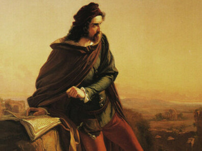 Federico Faruffini, Cola di Rienzo contempla le rovine di Roma, olio su tela, 1855, collezione privata, Pavia. Petrarca condivise con Cola il programma politico di restaurazione, per poi rimproverarlo quando accettò le imposizioni politiche della Curia avignonese, intimorita dalla sua politica demagogica[53].