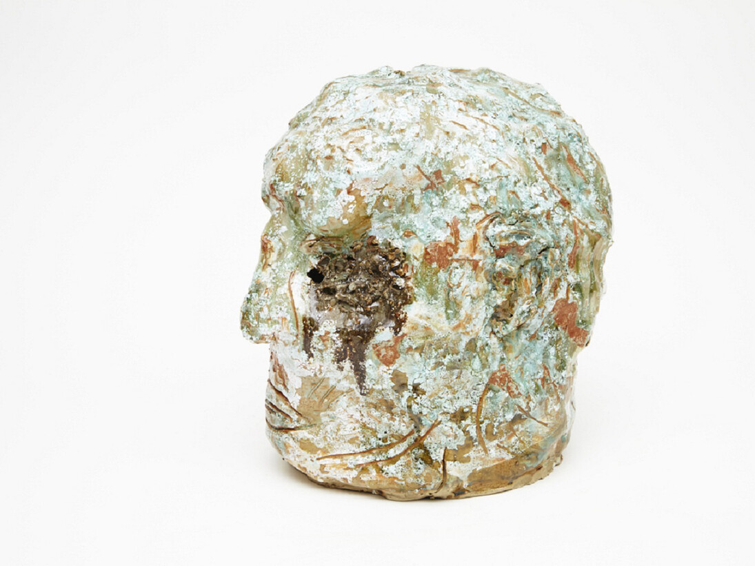 Jesse Wine, Chester man VI, 2014, glazed ceramic, 22 x 21 x 3 in (55 x 53 x 7 cm)