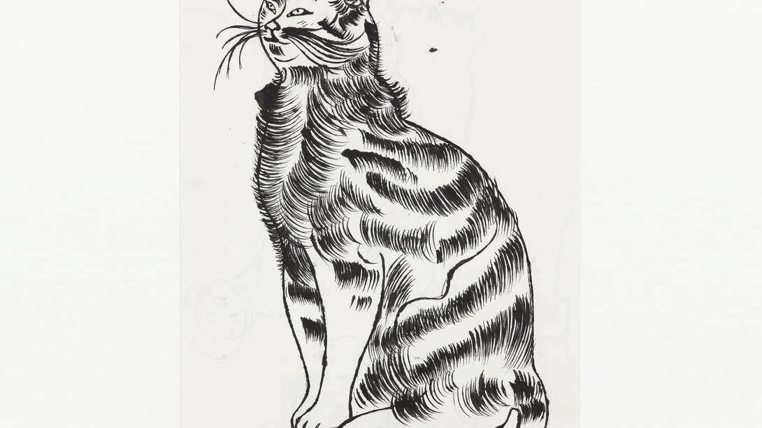 Andy Warhol, Seated Cat, c. 1956, Ink and graphite on scrap paper, 18 x 14 1/2 inches (paper) (45.7 x 36.8 cm). © The Andy Warhol Foundation for the Visual Arts, Inc. Courtesy Anton Kern Gallery, New York