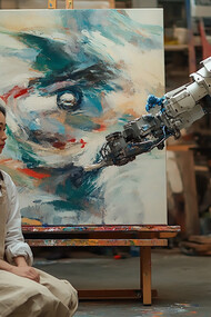 In a striking fusion of art and technology, a sleek white robotic arm paints a large abstract portrait of a woman’s face, working alongside the human artist