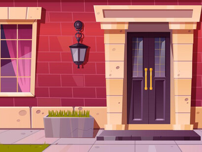 A cottage house facade decorated for the Easter holiday, featuring a basket of eggs and a flower wreath or bouquet, inspired by a home setting from an online game