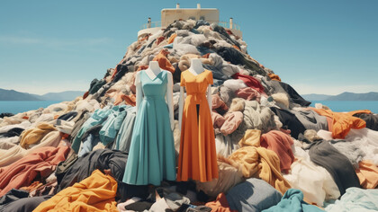 Fast fashion's environmental damage showcased through a pile of clothing in nature