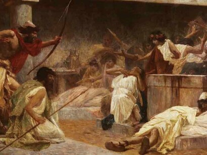 In The Odyssey (Book XXII), Odysseus sheds his disguise as a beggar and, together with his son Telemachus and two faithful servants, takes revenge on the 108 suitors who had overrun his household and sought to marry his wife, Penelope