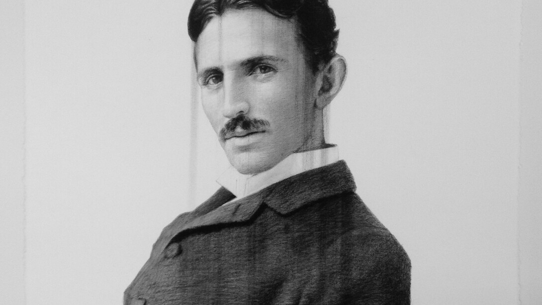 Paul Jacobsen, Nikola Tesla, 2015, Charcoal on paper in charred frame, 30 x 24 inches