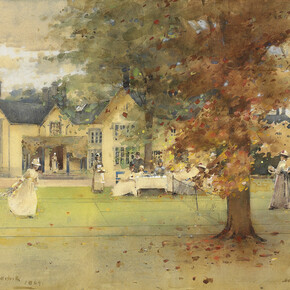 Arthur Melville, The Lawn Tennis Party at Marcus, 1889, Watercolour, pencil and bodycolour on paper, 54.7 x 75.2 cm, Collection: The Henry Barber Trust, The Barber Institute of Fine Arts, University of Birmingham, Photo © The Henry Barber Trust, The Barber Institute of Fine Arts, University of Birmingham
