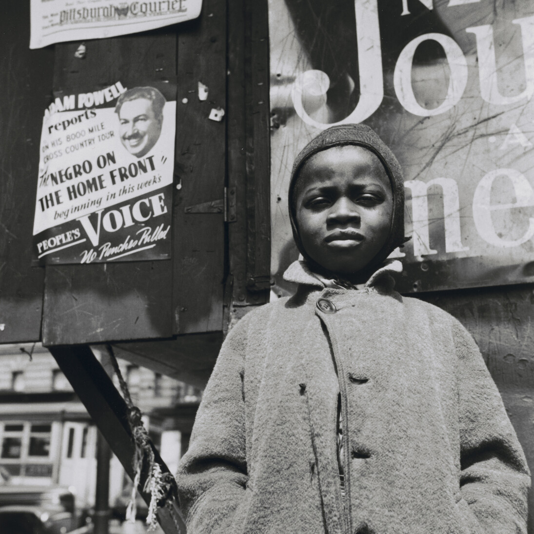 Gordon Parks. Harlem Newsboy, Harlem, New York. 1943. Gelatin silver print, 14 1/8 × 14″ (35.9 × 35.6 cm). The Museum of Modern Art, New York. Acquired through the generosity of The Friends of Education of The Museum of Modern Art and Committee on Photography Fund. Courtesy of and copyright The Gordon Parks Foundation