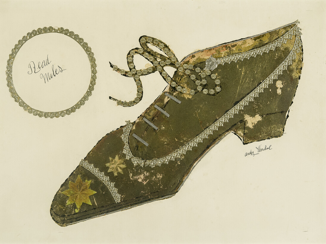 Andy Warhol, Gold Shoe (Read Miles), about 1953, Hand-colored blotted ink drawing with gold leaf, collage and ink on paper, 13 7/8 x 18 3/4 in. © 2014 The Andy Warhol Foundation for the Visual Arts, Inc. / Artists Rights Society (ARS), New York