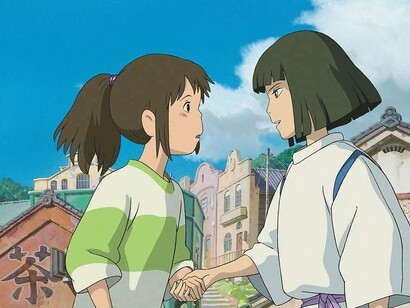 Chihiro e Haku in una scena del film "La città incantata", Studio Ghibli, 2003 