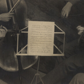 André Kertész (1894-1985), Quartet, 1926, gelatin silver print, printed c. 1926, 3x5 5/8 inches. Signed and dated '1927' in pencil with the photographer's '75 Boulevard Montparnasse, Paris 6' studio and copyright stamps, and National Gallery of Art exhibition label on verso. Courtesy of Bruce Silverstein Gallery