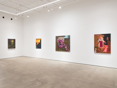 Hortensia Mi Kafchin, Paintings made for aliens above, exhibition view. Courtesy of P·P·O·W 