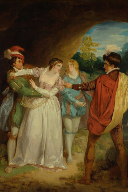 Valentino che salva Silvia da Proteo, da I due Gentiluomini di Verona di William Shakespeare, Atto V, Francis Wheatley (1747 - 1801), 1792, olio su tela