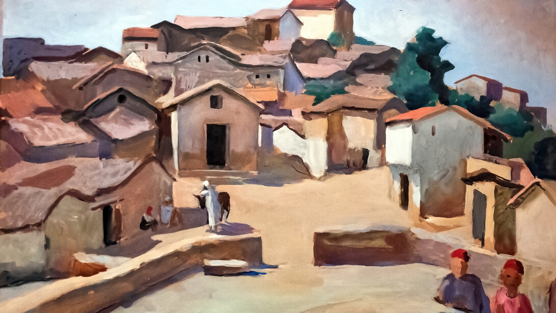 Kabyle Village Square, a work by Henri Clamens, housed in the Narbonne Museum of Fine Arts, depicting communal life in a Kabyle settlement