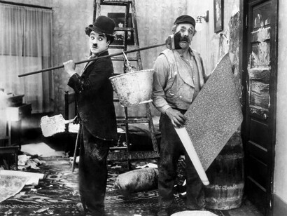 Charlie Chaplin in a scene from His New Job (1915), filmed in Los Angeles, USA