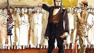 Juan Rafael Mora Porras, «Don Juanito», llamando al pueblo a las armas, contra William Walker. Dibujo: Carlos Aguilar Durán