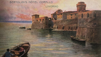Cartolina pubblicitaria con la Fortezza vecchia di Livorno che reclamizzava l'Hotel Corallo del sig. Bertolini