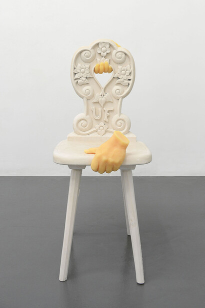 Urs Fischer, TBD UF Chair, 
2015, 
aquaresin, steel, wax, pigment, metal pins, adhesive, 
approx: 87 x 38.7 x 55.9 cm / 34 ¼ x 15 ¼ x 22 in, 
edition 1 of 2 + a/p, Copyright the artist, courtesy Sadie Coles, HQ, London
