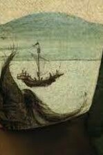 Dettaglio della barca in lontananza all'interno del quadro 'Pallade e il Centauro', 1482, Galleria degli Uffizi, Firenze, Italia