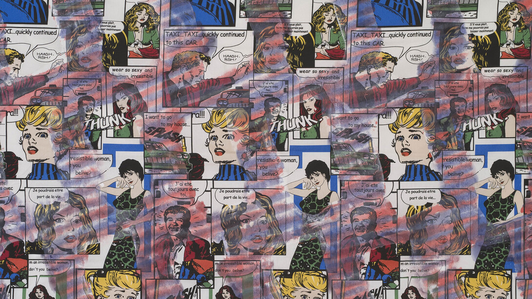 Claude Viallat, Sans titre n°041, 2014, Acrylique sur tissu imprimé BD, 140 x 192 cm, Courtesy Galerie Daniel Templon, Paris & Brussels. Crédit photo : B. Huet/Tutti