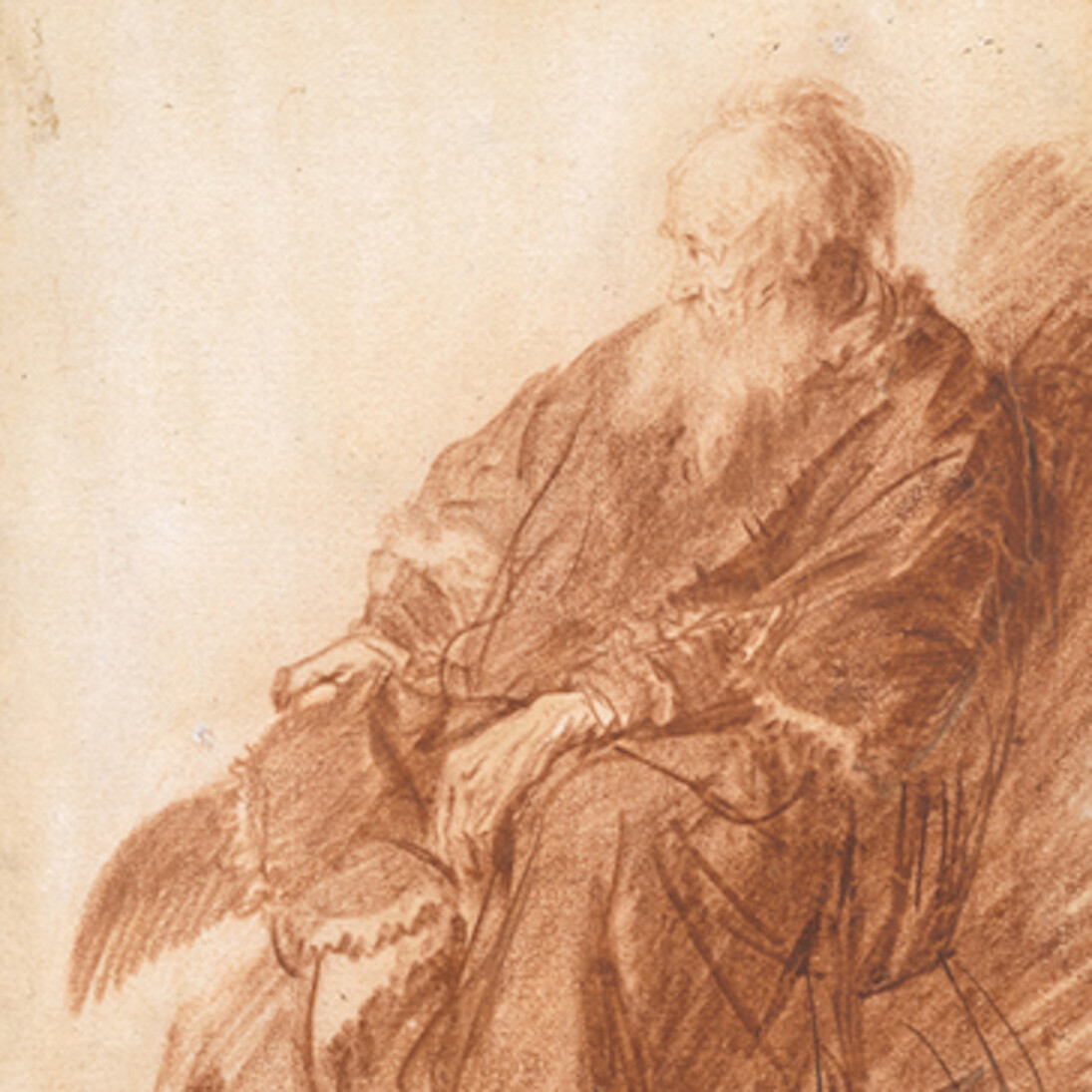 Rembrandt van Rijn, Old Man Seated, 1631, chalk on prepared paper, Private Collection. Rembrandt’s command of red chalk is exquisitely demonstrated in this sketch, with a range of tones capturing the light and shadow that fall on the man. Rembrandt used the figure to represent the Old Testament patriarch Jacob in Joseph Telling His Dreams, the oil sketch seen in the following slide. Courtesy of National Gallery of Art


