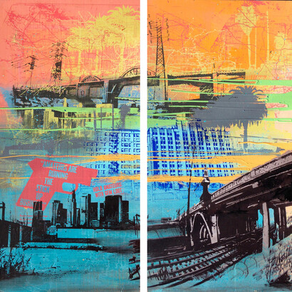 Restitution Press, Stick Up Biz, Mixed Media on Wood Panels, 48″ x 48″ (diptych)