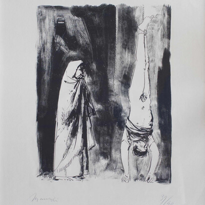Giacomo Manzù,
Partigiano nudo impiccato per i piedi con accanto
una figura femminile incappucciata, 1954
Litografia, 2/40, 53,5 x 38 cm